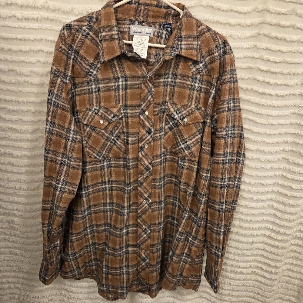 VTG Wrangler Rancher Flannel Pearl Snap Brown Plaid Mens Long Sleeve Sz XL
